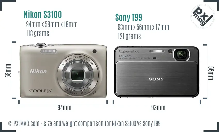 Nikon S3100 vs Sony T99 size comparison