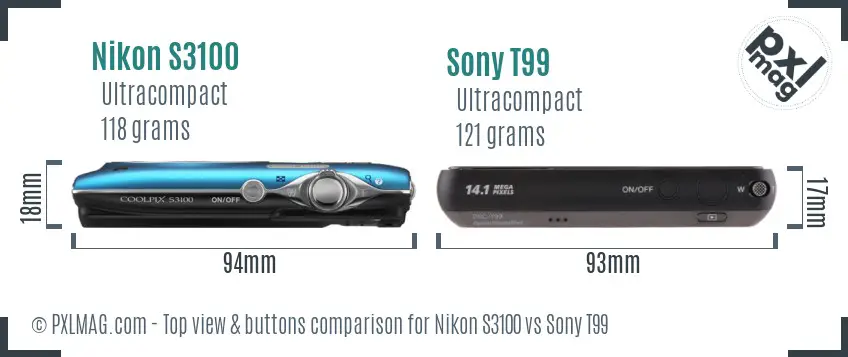 Nikon S3100 vs Sony T99 top view buttons comparison