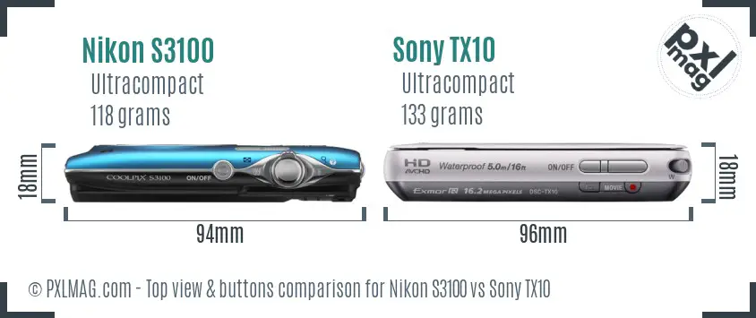 Nikon S3100 vs Sony TX10 top view buttons comparison