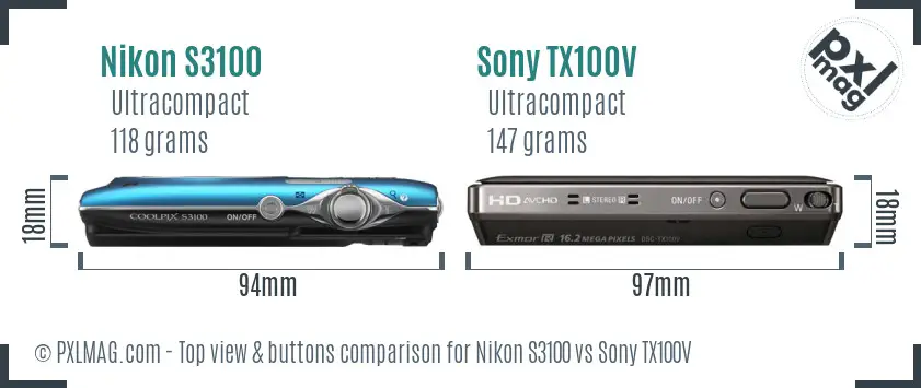 Nikon S3100 vs Sony TX100V top view buttons comparison Nikon S3100 vs Sony TX100V top view buttons comparison