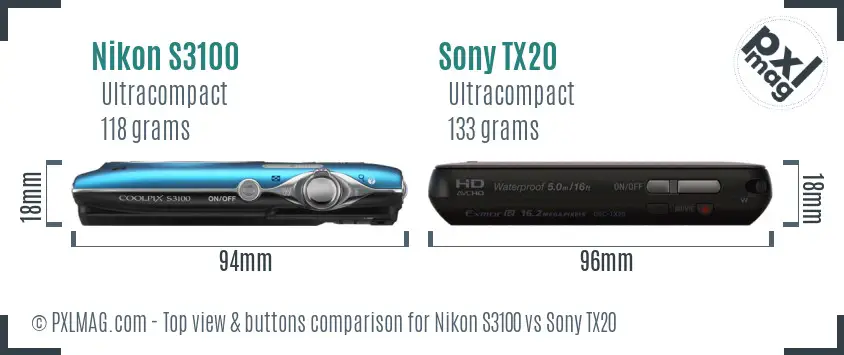 Nikon S3100 vs Sony TX20 top view buttons comparison