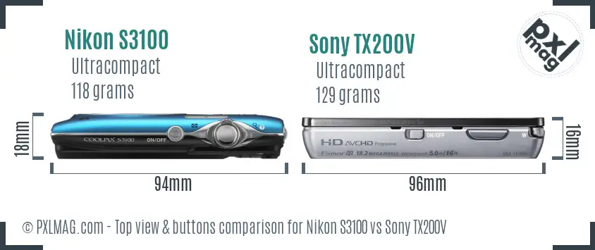 Nikon S3100 vs Sony TX200V top view buttons comparison