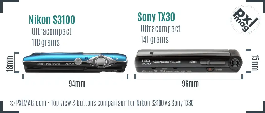 Nikon S3100 vs Sony TX30 top view buttons comparison