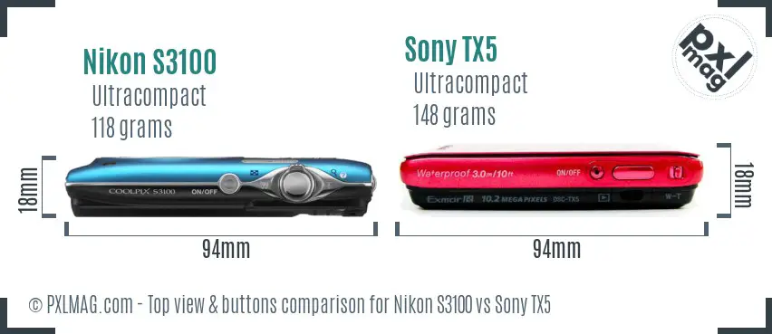 Nikon S3100 vs Sony TX5 top view buttons comparison