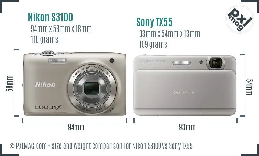 Nikon S3100 vs Sony TX55 size comparison