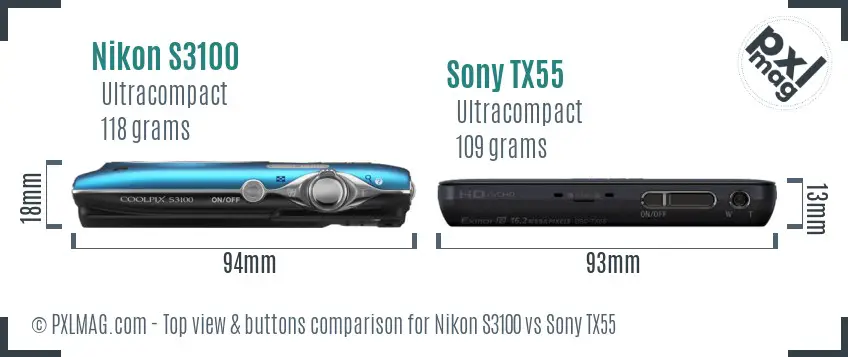 Nikon S3100 vs Sony TX55 top view buttons comparison