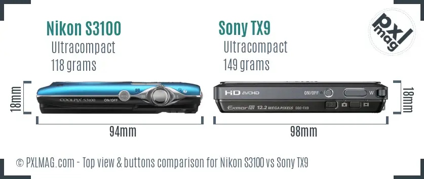 Nikon S3100 vs Sony TX9 top view buttons comparison