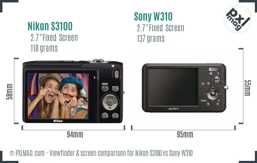 Nikon S3100 vs Sony W310 Screen and Viewfinder comparison