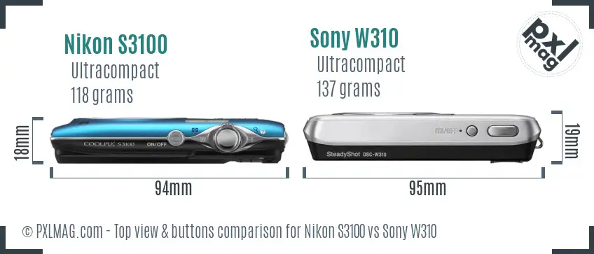 Nikon S3100 vs Sony W310 top view buttons comparison