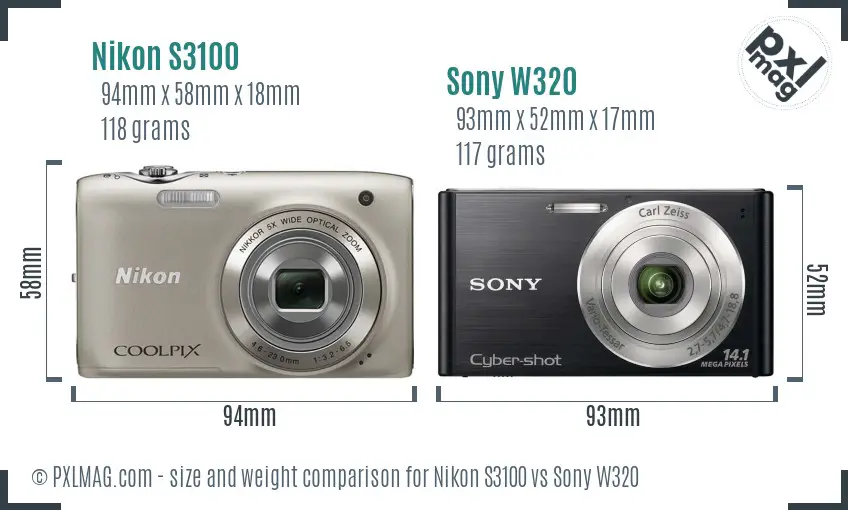 Nikon S3100 vs Sony W320 size comparison