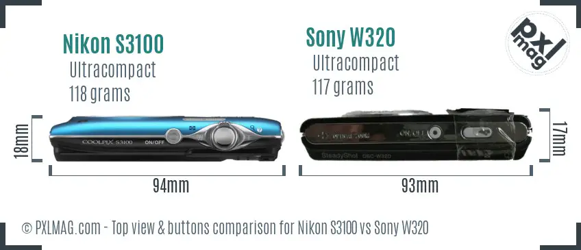 Nikon S3100 vs Sony W320 top view buttons comparison