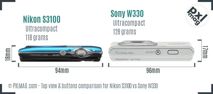 Nikon S3100 vs Sony W330 top view buttons comparison