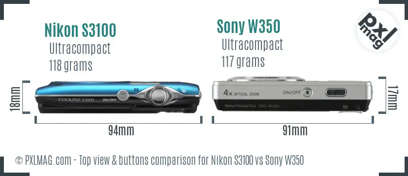 Nikon S3100 vs Sony W350 top view buttons comparison