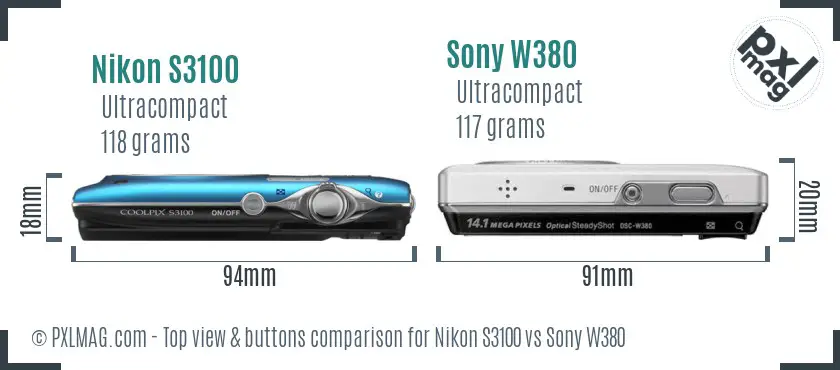 Nikon S3100 vs Sony W380 top view buttons comparison