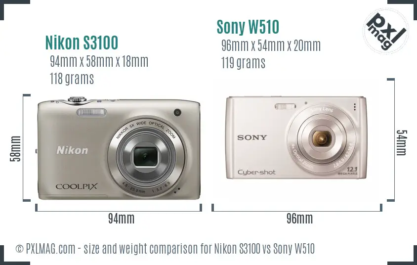 Nikon S3100 vs Sony W510 size comparison