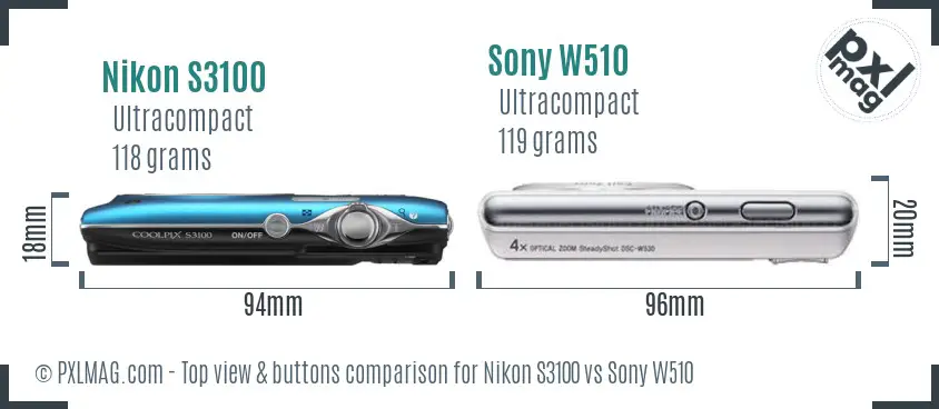 Nikon S3100 vs Sony W510 top view buttons comparison