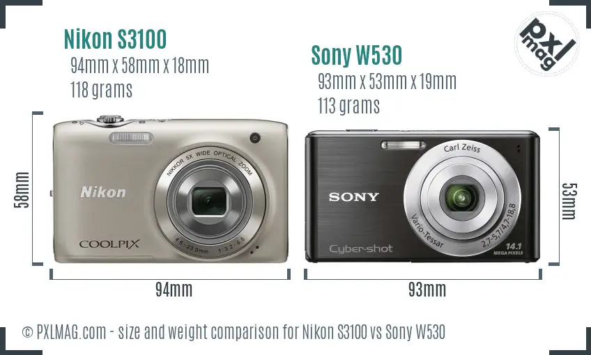Nikon S3100 vs Sony W530 size comparison