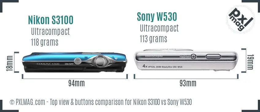 Nikon S3100 vs Sony W530 top view buttons comparison