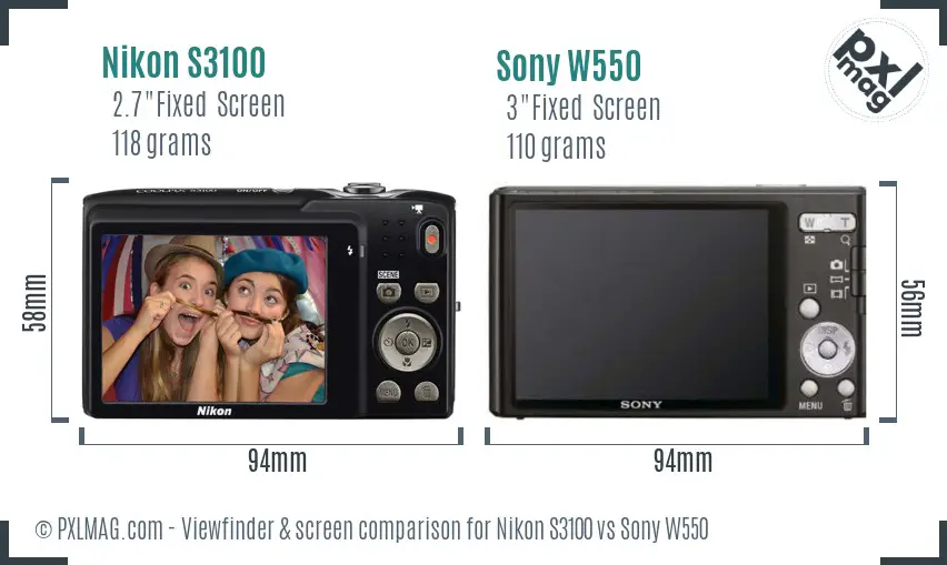 Nikon S3100 vs Sony W550 Screen and Viewfinder comparison