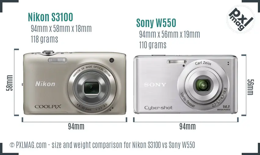 Nikon S3100 vs Sony W550 size comparison