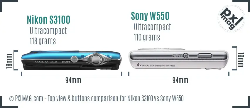 Nikon S3100 vs Sony W550 top view buttons comparison