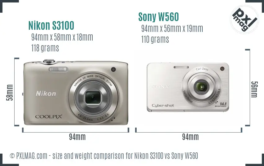 Nikon S3100 vs Sony W560 size comparison