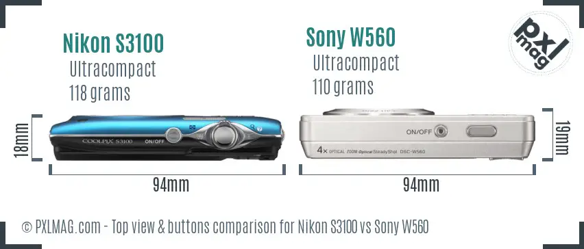 Nikon S3100 vs Sony W560 top view buttons comparison