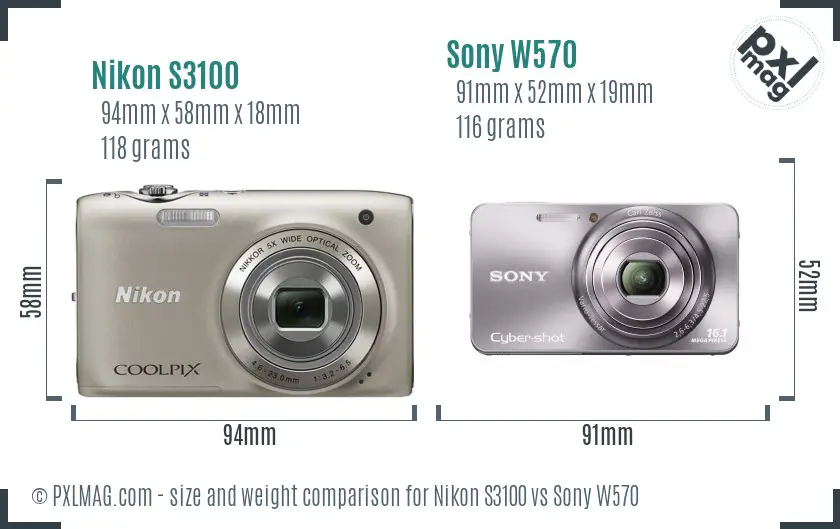 Nikon S3100 vs Sony W570 size comparison