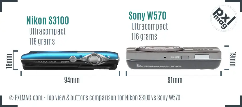 Nikon S3100 vs Sony W570 top view buttons comparison