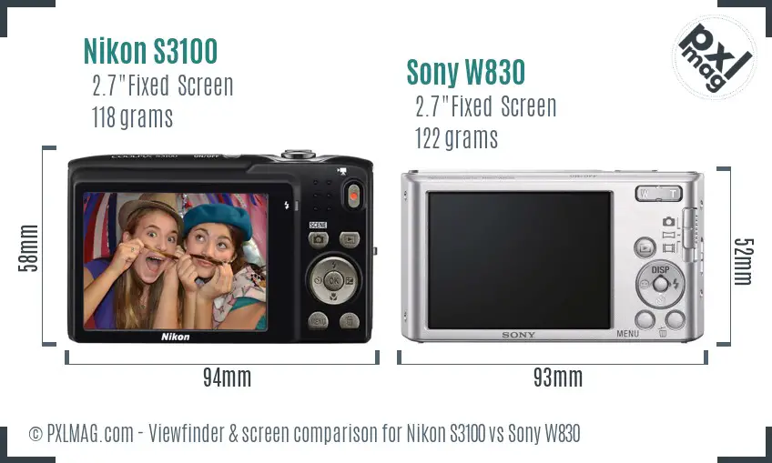 Nikon S3100 vs Sony W830 Screen and Viewfinder comparison