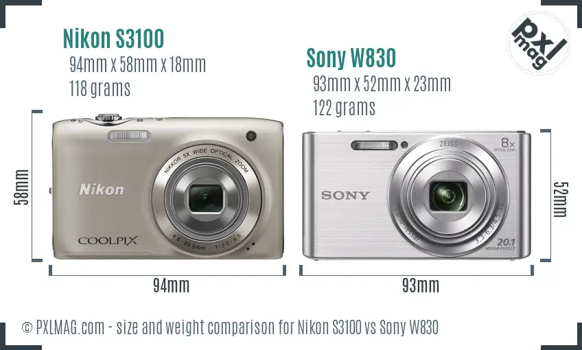 Nikon S3100 vs Sony W830 size comparison