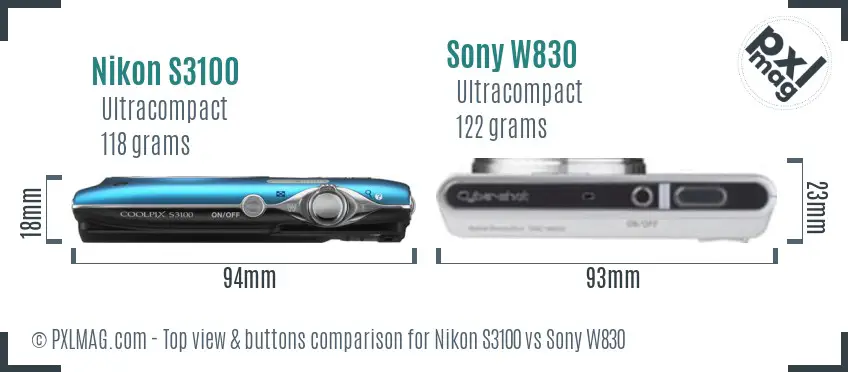 Nikon S3100 vs Sony W830 top view buttons comparison