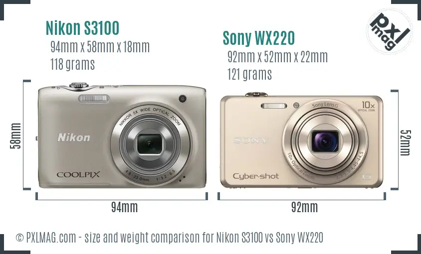 Nikon S3100 vs Sony WX220 size comparison