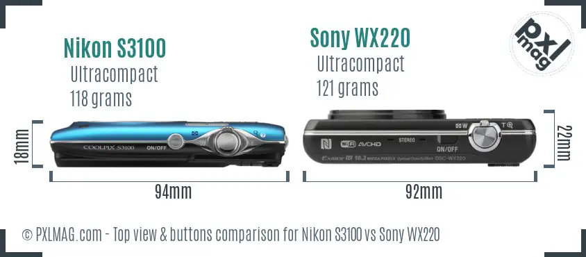 Nikon S3100 vs Sony WX220 top view buttons comparison