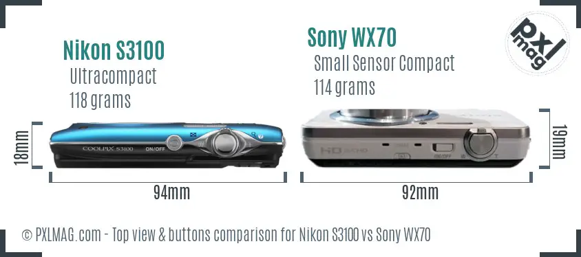 Nikon S3100 vs Sony WX70 top view buttons comparison