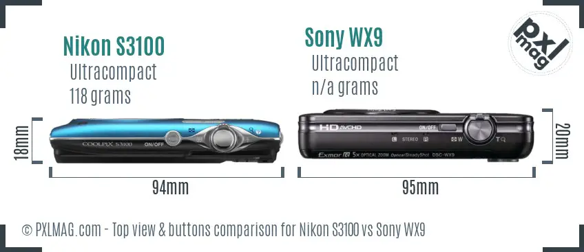 Nikon S3100 vs Sony WX9 top view buttons comparison