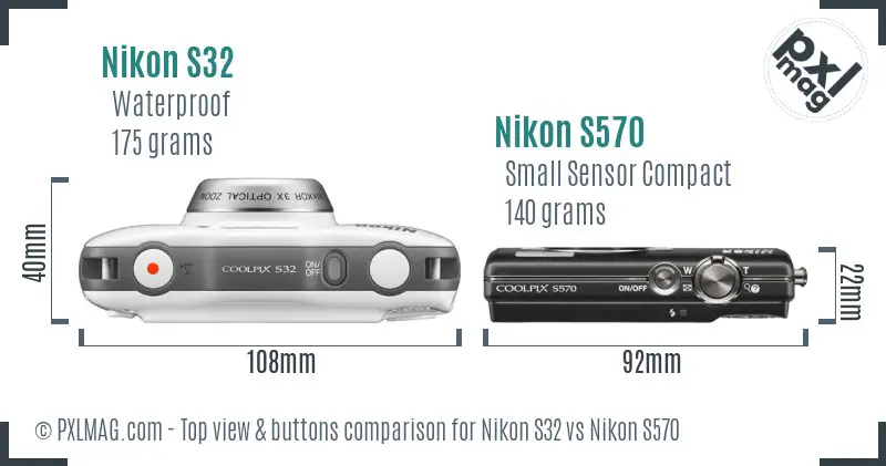 Nikon S32 vs Nikon S570 top view buttons comparison Nikon S32 vs Nikon S570 top view buttons comparison