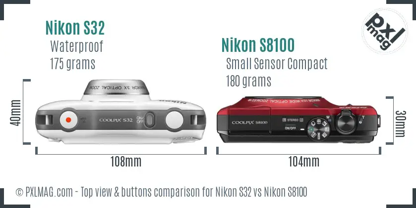 Nikon S32 vs Nikon S8100 top view buttons comparison