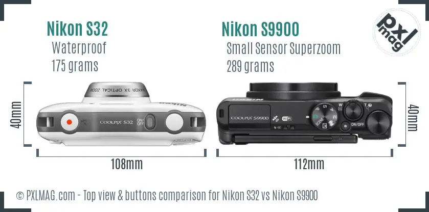 Nikon S32 vs Nikon S9900 top view buttons comparison Nikon S32 vs Nikon S9900 top view buttons comparison