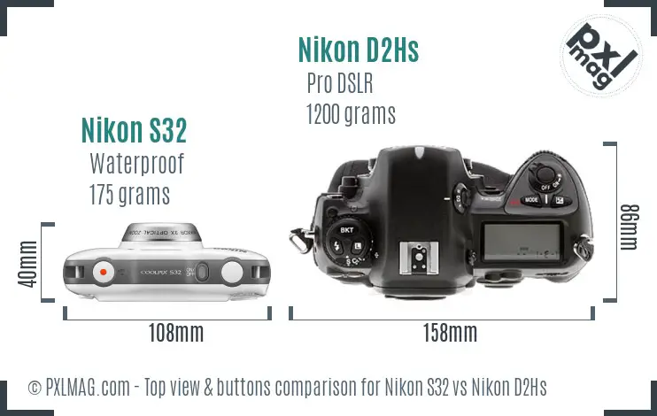 Nikon S32 vs Nikon D2Hs top view buttons comparison