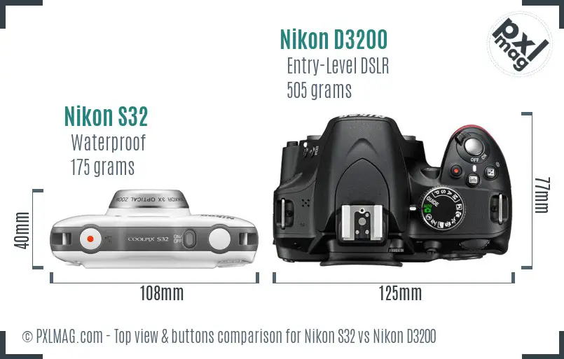 Nikon S32 vs Nikon D3200 top view buttons comparison Nikon S32 vs Nikon D3200 top view buttons comparison