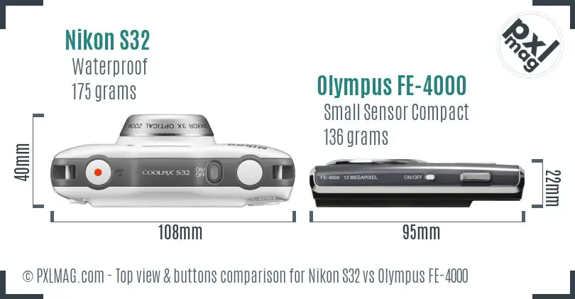 Nikon S32 vs Olympus FE-4000 top view buttons comparison