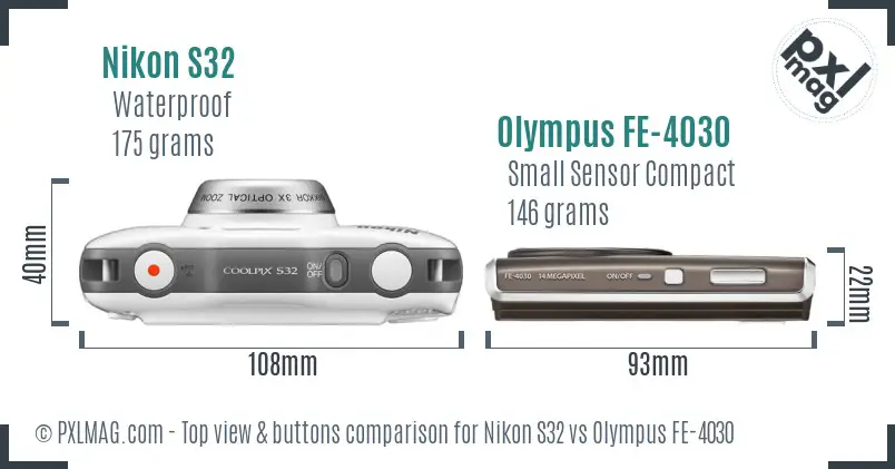 Nikon S32 vs Olympus FE-4030 top view buttons comparison