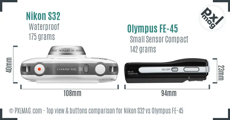 Nikon S32 vs Olympus FE-45 top view buttons comparison
