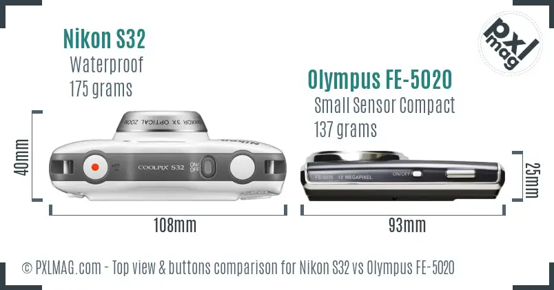 Nikon S32 vs Olympus FE-5020 top view buttons comparison