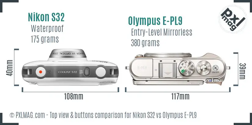 Nikon S32 vs Olympus E-PL9 top view buttons comparison