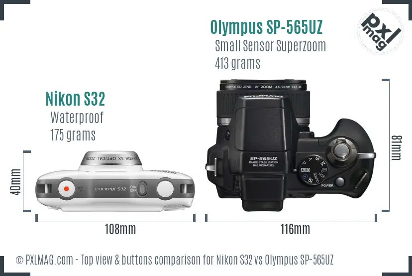 Nikon S32 vs Olympus SP-565UZ top view buttons comparison