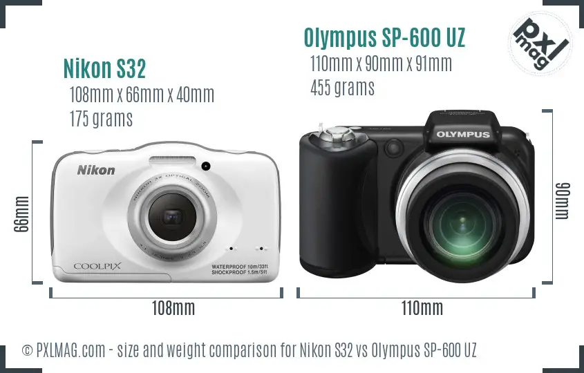 Nikon S32 vs Olympus SP-600 UZ size comparison Nikon S32 vs Olympus SP-600 UZ size comparison