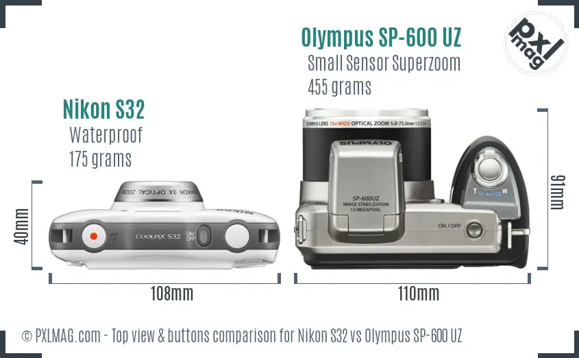 Nikon S32 vs Olympus SP-600 UZ top view buttons comparison Nikon S32 vs Olympus SP-600 UZ top view buttons comparison