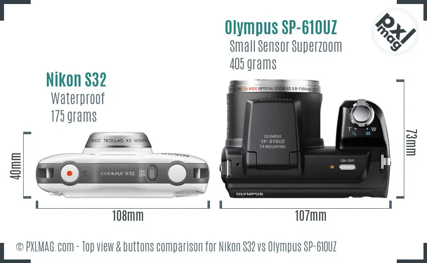 Nikon S32 vs Olympus SP-610UZ top view buttons comparison